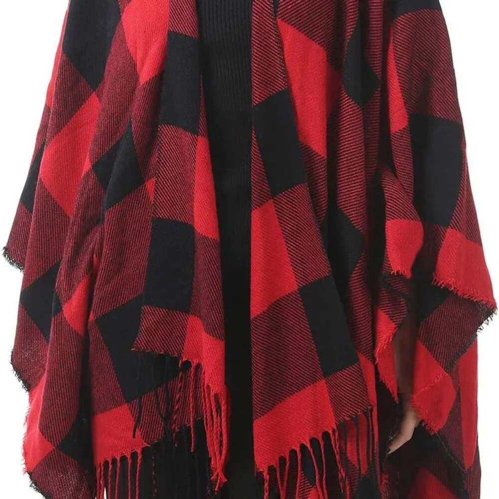 Women's Warm Shawl Wrap Open Front Poncho Cape Color Block Shawls Winter Cardiga - Picture 2 of 7